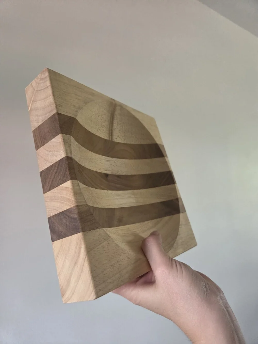 Handmade Birch and Walnut Striped Ulu Chopping Board Bowl for Mezzaluna Knife